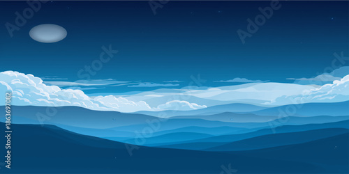 A serene night landscape of blue mountains under a glowing moon with soft clouds and fog drifting over a peaceful nature valley along the horizon