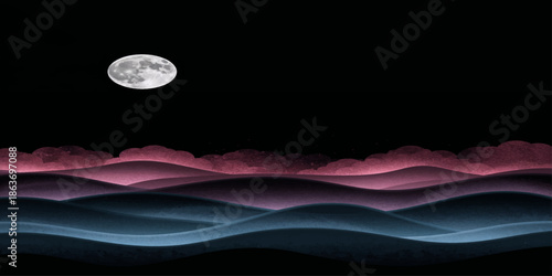 A bright full moon casts ethereal moonlight over a dark blue night sky and calm sea, where abstract clouds drift through the lunar nature of outer space