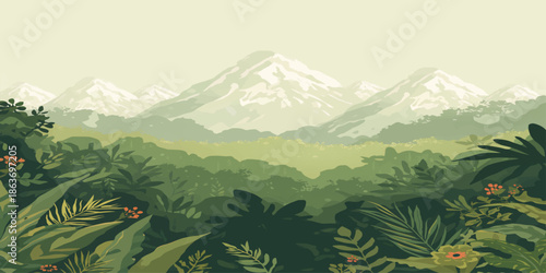 A scenic summer landscape of green forest trees and rolling hills leads to a majestic mountain peak under a cloudy blue sky overlooking a lush valley meadow