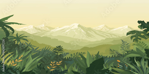 A scenic summer panorama of a green mountain landscape features a snow-capped peak under a blue cloudy sky with a lush forest, meadow, and hiking trails through the rocky nature scenery