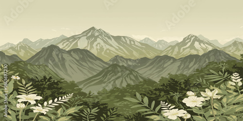 A breathtaking morning panorama of the alpine mountain landscape features snow-capped peaks and a lush green forest valley under a bright summer sky during a travel hiking adventure in the Europe Alps