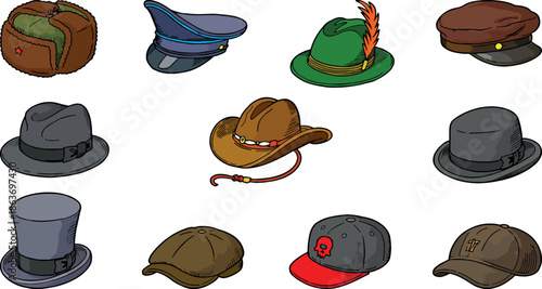 Vintage Hats Collection Vector Set of Classic Headwear Icons Cartoon Style Isolated on White