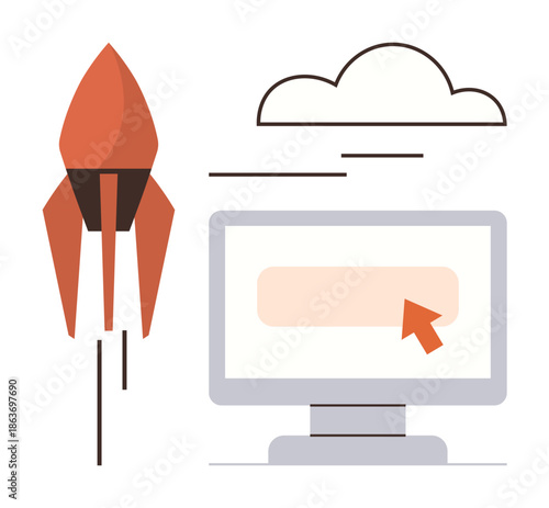 Business growth, innovation, startup projects, cloud computing, digital technology, online services. Rocket launching next to a computer monitor with a cloud icon. Startup projects and technology