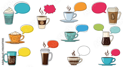 Assorted coffee cups and mugs with colorful speech bubbles next to them provide a playful graphic concept for morning talks and cafe designs.