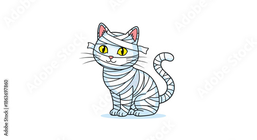 Adorable white cat wrapped in bandages like a classic mummy character stands ready for Halloween festivities on a clean background.