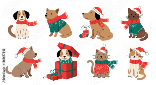 Charming group of cats and dogs dressed in festive Christmas hats, scarves, and winter sweaters celebrates the holiday with cute pet motifs.