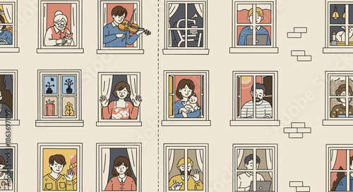 Illustration of an apartment building facade shows diverse neighbors engaged in different daily activities through their lighted windows.