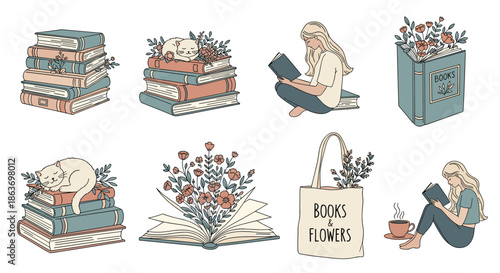 Cozy set of illustrations features women reading books, cats sleeping on book stacks, and floral arrangements for literature themes.