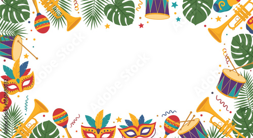 Festive carnival frame design with colorful masks, drums, trumpets, and tropical monstera leaves provides a border for invitations.