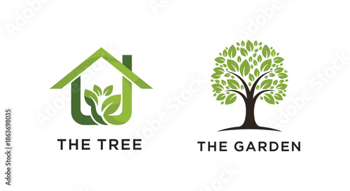 Pair of modern green logos for environmental brands include a house combined with leaves and a stylized tree for sustainable living.