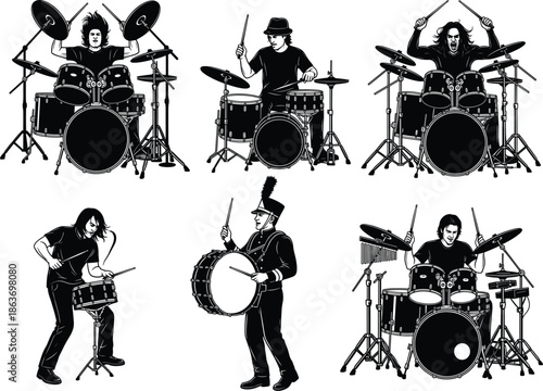WSilhouettes of Drummers in Diverse Performance Styleseb