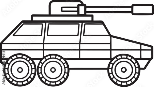 Black and White Line Art Illustration of a Six-Wheeled Armored Vehicle with a Cannon