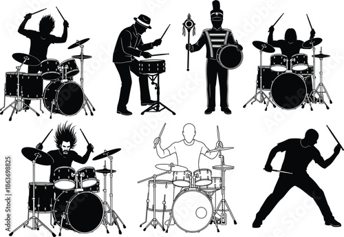 Silhouettes of Drummers in Varied Performance Styles
