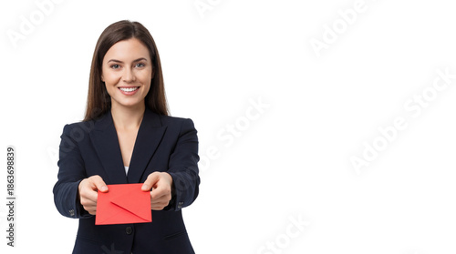 Smiling Businesswoman Holding Red Envelope Towards Camera isolated PNG with Transparent Background