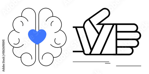Brain with blue heart symbolizing empathy beside a hand wrapped in bandages suggesting care and support. Ideal for wellbeing, mental health, healthcare, kindness, teamwork, compassion, communication