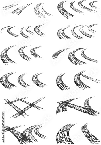 Tire tread marks after skidding, launch, drift, powerslide in motorsport, rally, off-road, motocross. Wheel texture with splash effect. Transparent background EPS version.