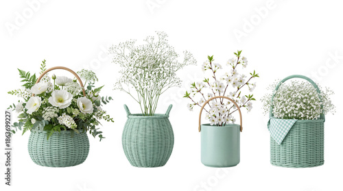 Set of 4 Green Woven Baskets with White Flowers Product Shot isolated PNG with Transparent Background