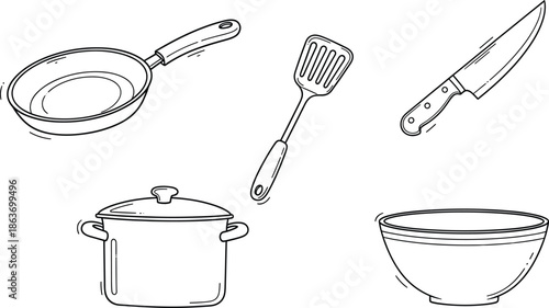 Simple Outline Drawing of Kitchen Cooking Utensils tools frying pan