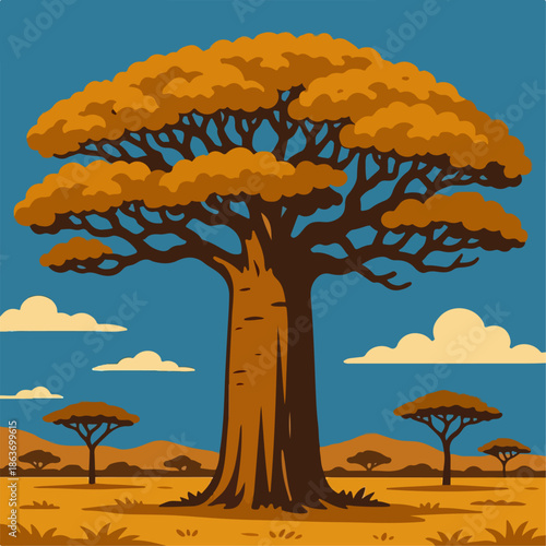 illustration of a baobab tree in the African savanna