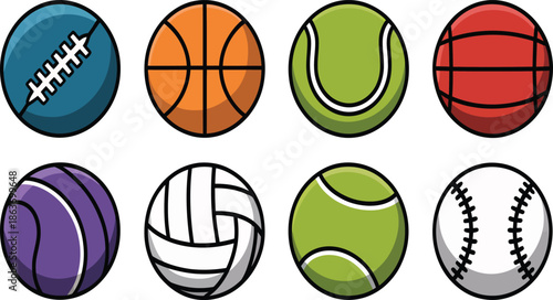 Cartoon Sports Balls Set with Colorful Football Basketball Tennis and Volleyball Illustration