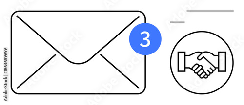 Email communication. an envelope with a notification icon and handshake symbol signifying partnership. Email usage in collaboration, networking, business, and teamwork