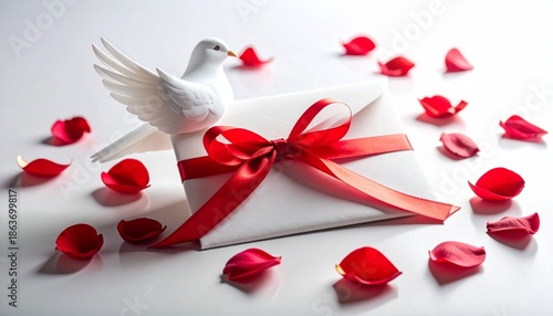 White dove on decorated envelope with red rose petals