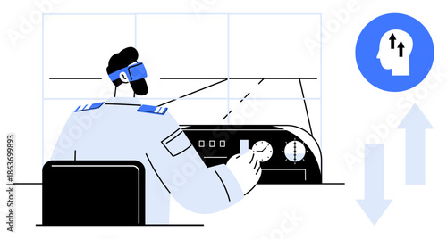 Virtual reality in aviation. A pilot interacts with virtual reality for advanced navigation and flight monitoring. Virtual reality enhances training, navigation, and simulation. For aviation