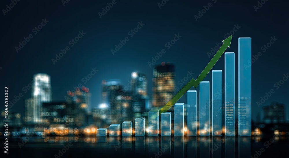 Fototapeta premium A 3D chart depicts increasing performance with a green arrow, cityscape blurred