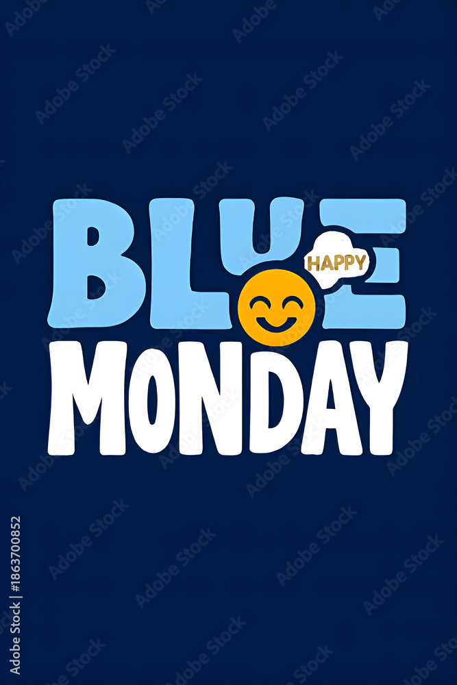 Fototapeta premium Whimsical blue monday illustration featuring cheerful emoji, playful typography, and a vibrant color palette on a deep blue background