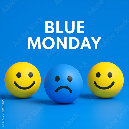 Conceptual image illustrating blue monday with two cheerful yellow emoticons flanking a solitary blue sad emoticon against a bright blue