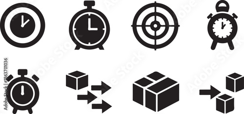 A collection of black and white icons representing time and logistics