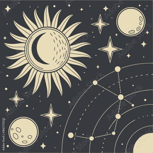 Space and Astronomy Vector Illustrations with Moon Phases and Stars