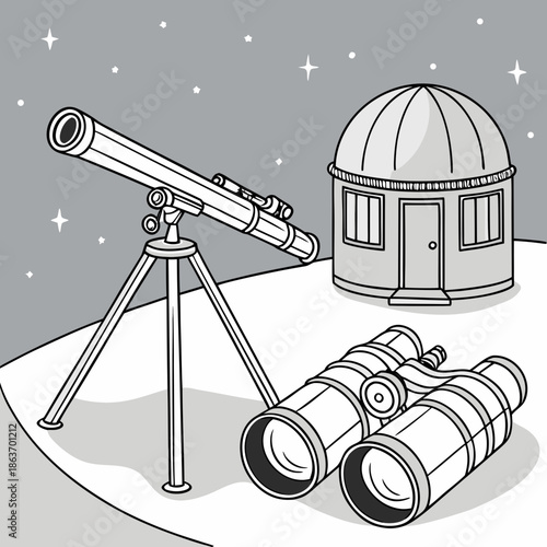 Professional Astronomy Equipment Vector Set with Telescope and Binoculars