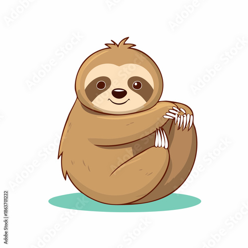 Cartoon Sloth Sitting on Ground Smiling.