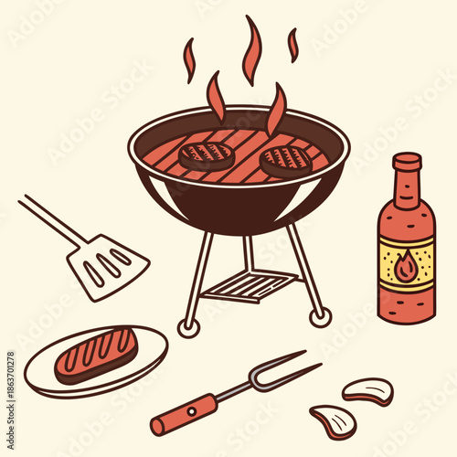 Summer Barbecue Party Vector Icons with Grill and Sauce Bottle