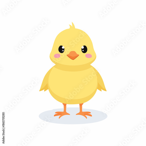 Adorable cartoon yellow chick with orange beak and feet.