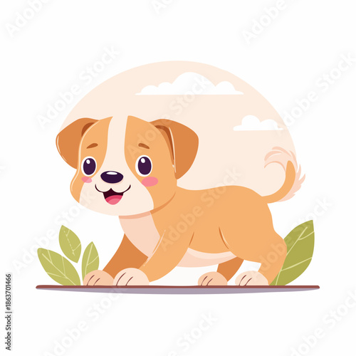 Adorable cartoon puppy playing outside with leaves.
