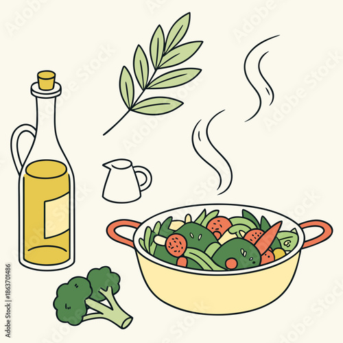 Fresh Salad Preparation Icons with Vegetables and Olive Oil