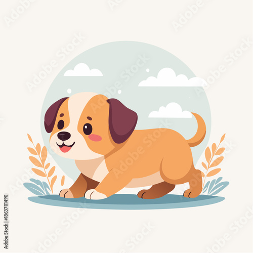 Adorable cartoon dog playing outside in a sunny field.