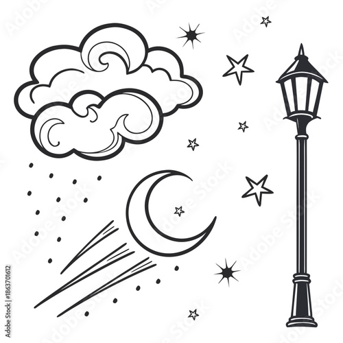 Night Sky and Weather Icons with Moon Stars and Clouds