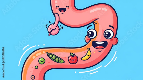Cute and colorful cartoon illustration of a happy digestive system, joyfully processing nutritious fruits and vegetables for optimal gut health and overall wellness journey