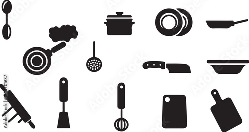 A collection of black kitchen utensil icons on white