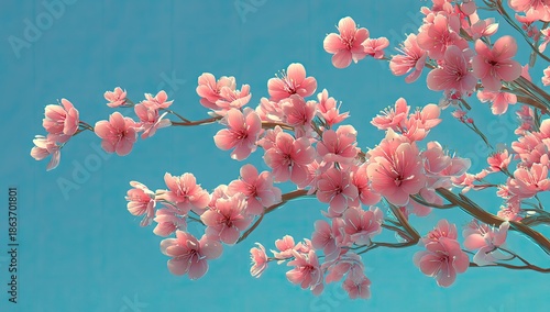 Close-up of delicate pink blossoms on branches against a clear, azure blue sky