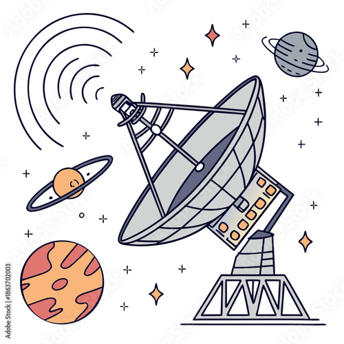 Space Technology Satellite Dish and Wireless GPS Signal Icons