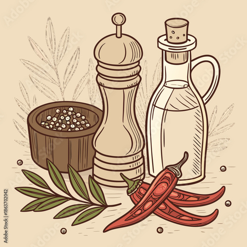 Kitchen Spices and Seasoning Icons Set with Salt Shaker and Herbs