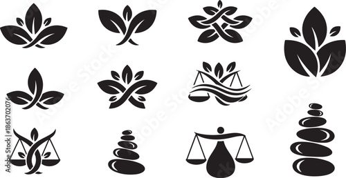 A collection of black and white wellness logos featuring leaves and scales