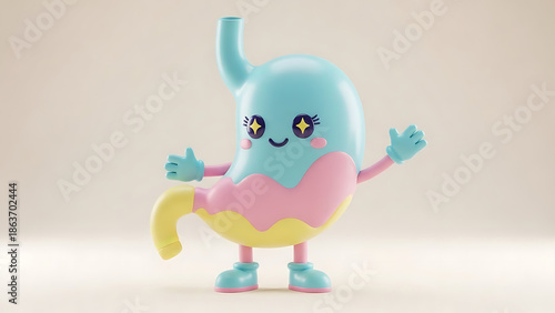 Vibrant 3D cartoon stomach character with sparkling eyes and a friendly smile, illustrating healthy digestion, internal wellness, and medical education