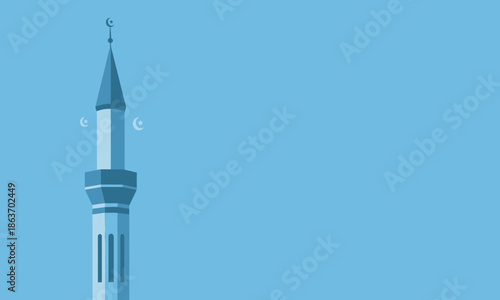 A tall, modern-style minaret in monochromatic blue shades standing against a light blue sky.