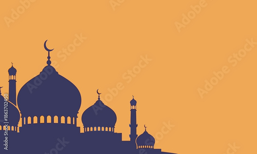 A panoramic silhouette of a large mosque complex with various sized domes and towers under an orange twilight sky