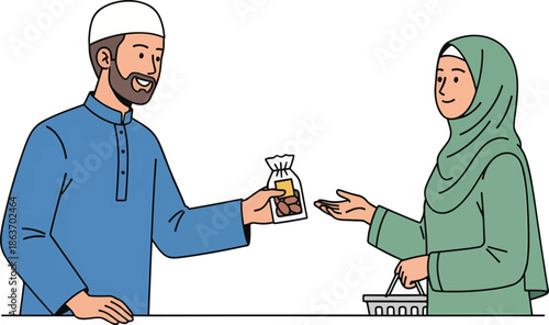 Muslim man giving a small bag of items to a Muslim woman, possibly a gift or charity.